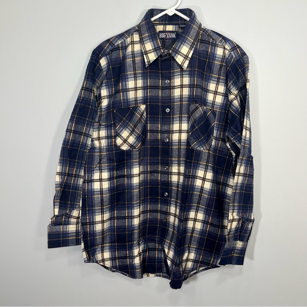 VINTAGE Big Yank Mens Shirt Large Blue Plaid Flannel 100% Cotton Button Down